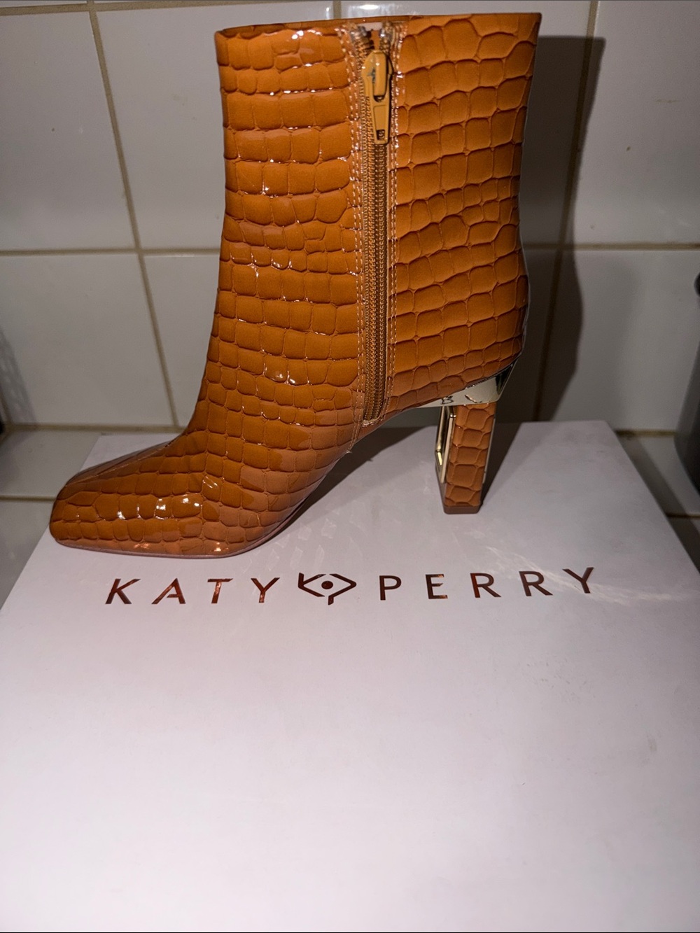 Katy Perry Collections Cognac Croc-Embossed Patent Ankle Boot